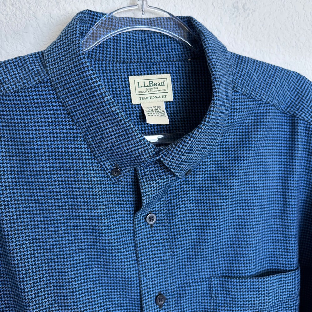 LL Bean Mens XXL Traditional Fit Blue Houndstooth Heavy Cotton Button Down Shirt